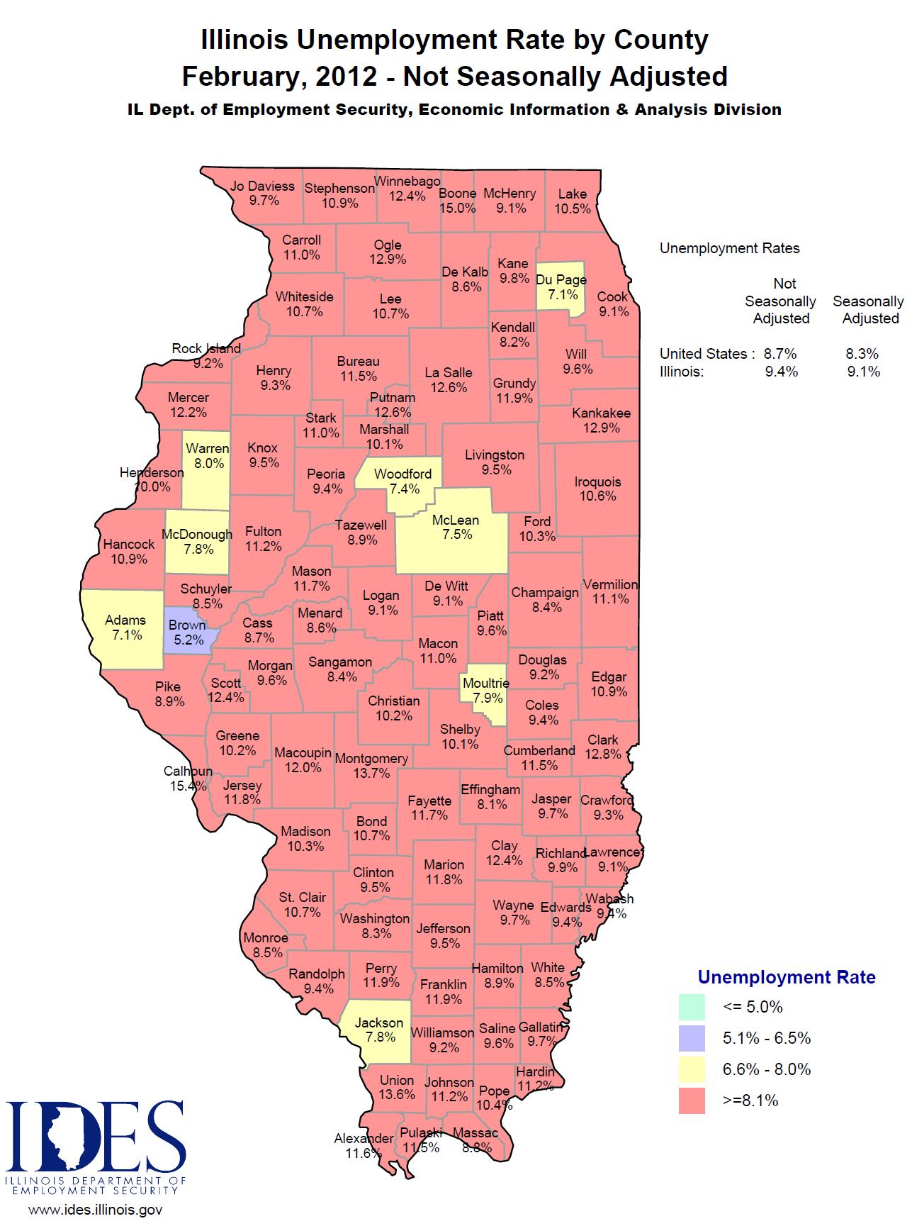 2012 February IL Unemployment Map by County