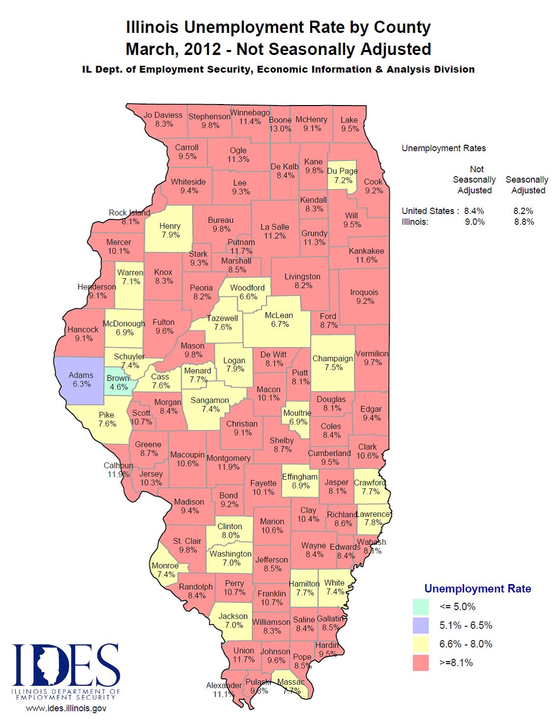 2012 March IL Unemployment Map by County